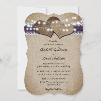 Invitación Boda Purple Rustic Country Burlap Lace