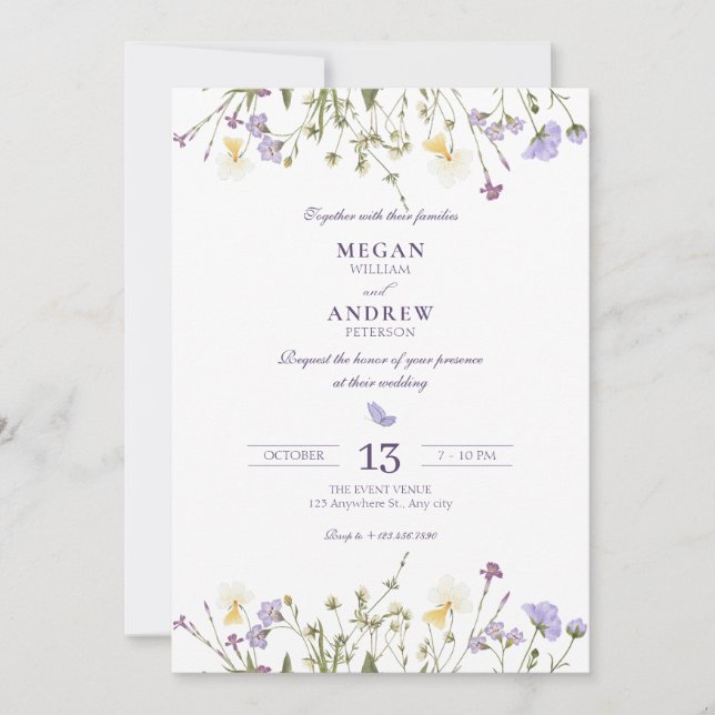 Invitación Boda Purple Rustic Wildflowers (Anverso)
