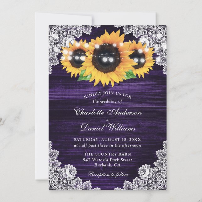 Invitación Boda Purple Sunflower Wood Lace String Lights (Anverso)