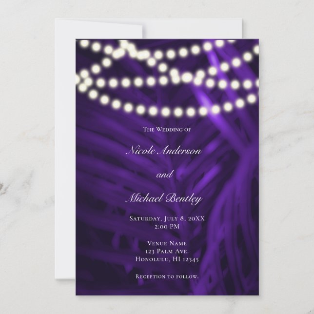 Invitación Boda Purple Tropical Palm Leaves & Luces (Anverso)