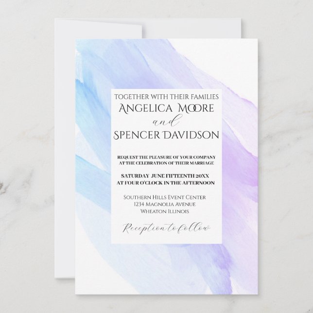 Invitación boda púrpura azul de color acuático elegante minim (Anverso)