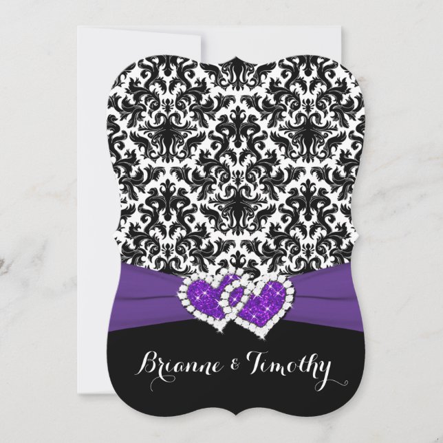 Invitación Boda| Púrpura blanca negra| Damasco| Corazones (Anverso)