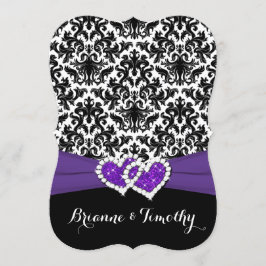 Invitación Boda| Púrpura blanca negra| Damasco| Corazones