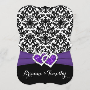 Invitación Boda  Púrpura blanca negra  Damasco  Corazones