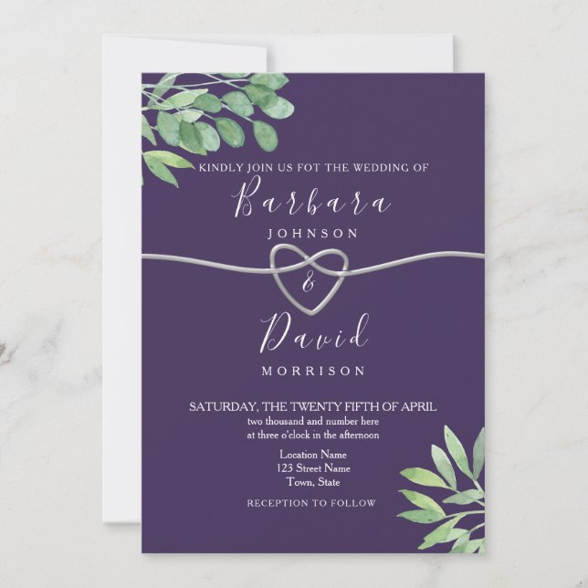 Invitación Boda púrpura botánico (Anverso)