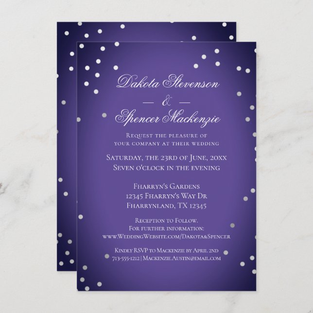 Invitación Boda púrpura | Confetti de plata ultravioleta de M (Anverso / Reverso)