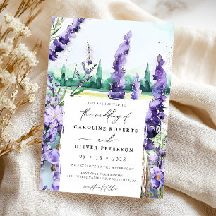 Invitación Boda púrpura de acuarela de campo de lavanda