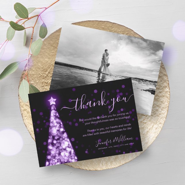 Invitación Boda púrpura de árbol festivo. Gracias. (Festive Tree Purple Wedding Photo Thank You Invitation)