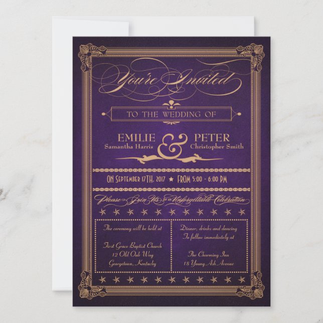 Invitación Boda púrpura de berenjenas con estilo de póster vi (Anverso)