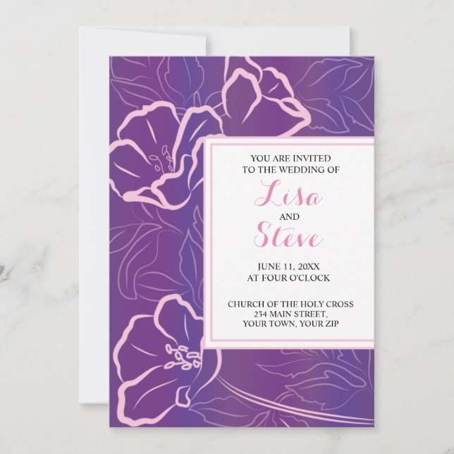 Invitación Boda púrpura de destino de playa tropical (Anverso)