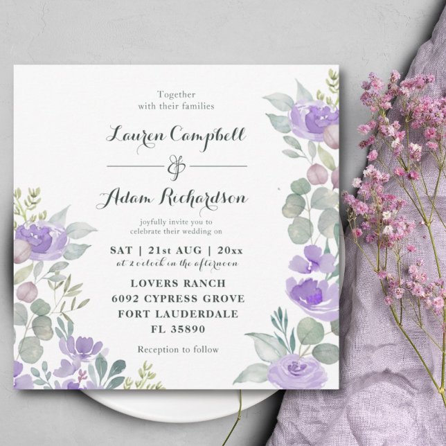 Invitación Boda púrpura de eucalipto floral rústico (Subido por el creador)