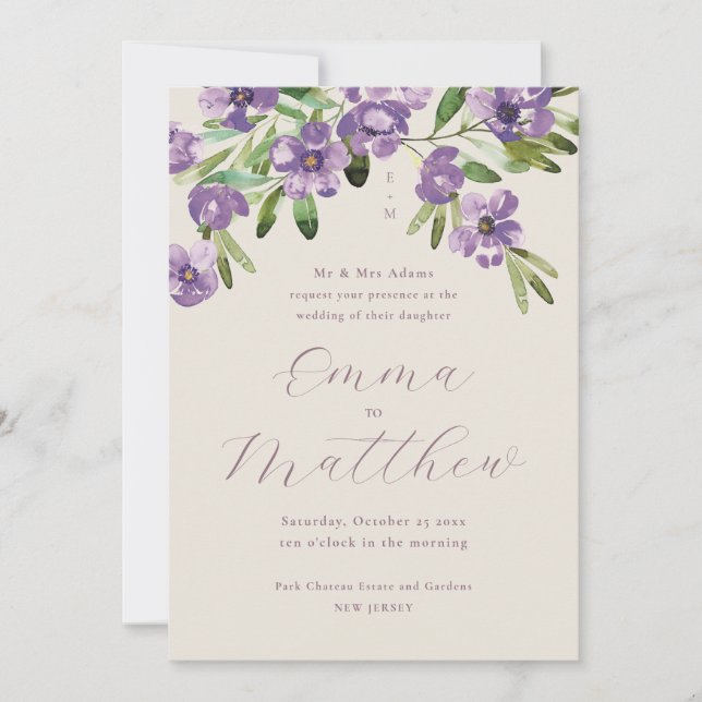 Invitación Boda púrpura de flores rusticas acuáticas (Anverso)