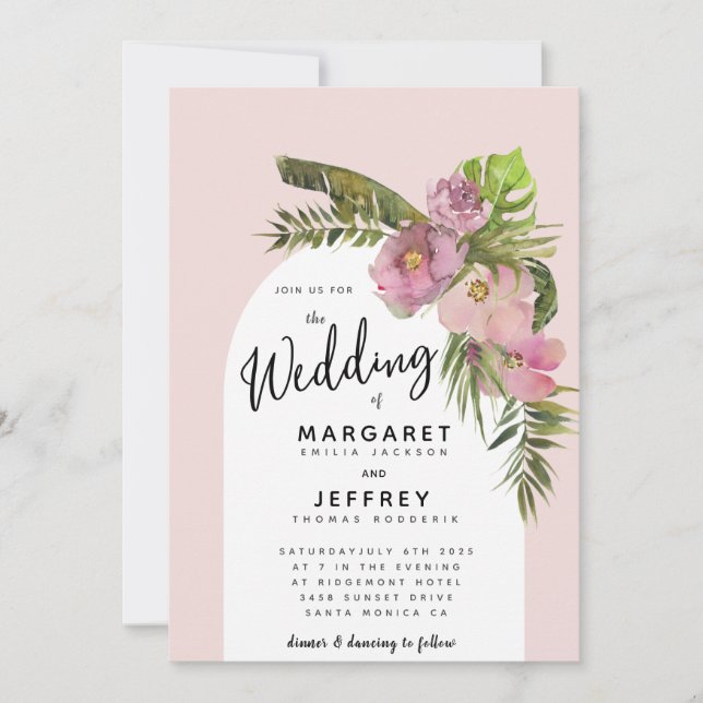Invitación Boda púrpura de hojas tropicales Rosa con flores (Anverso)