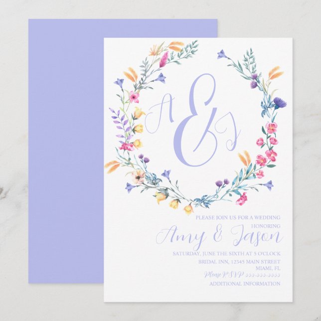 Invitación Boda púrpura de la flor salvaje de primavera (Anverso / Reverso)
