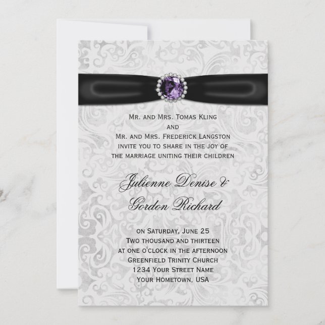 Invitación Boda púrpura de la joya del damasco de la cinta de (Anverso)