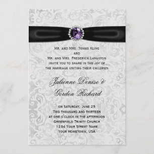 Invitación Boda púrpura de la joya del damasco de la cinta de
