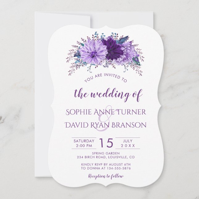 Invitación Boda púrpura de la Pluma Floral Boho Lavender (Anverso)