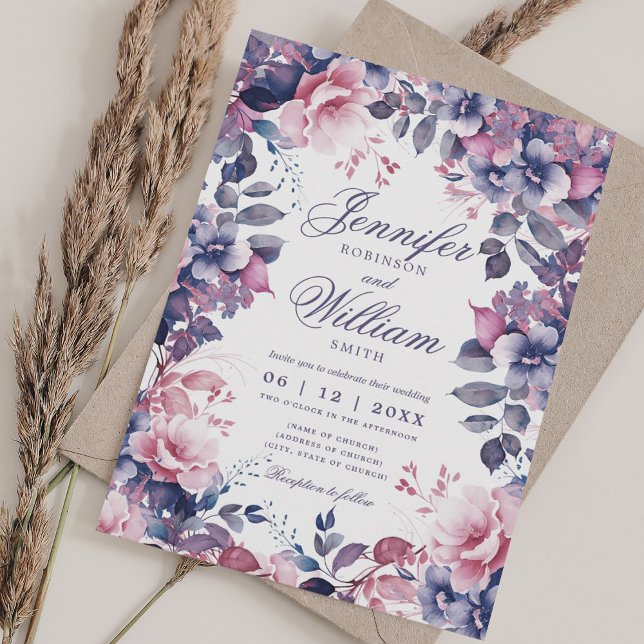 Invitación Boda púrpura de lavanda floral bohemia con QR RSVP (Bohemian Floral Lavender Purple Wedding w/ QR RSVP Invitation)