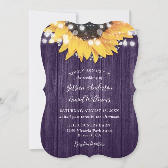 Invitación Boda Púrpura de Madera Rústica del Sol (Anverso)