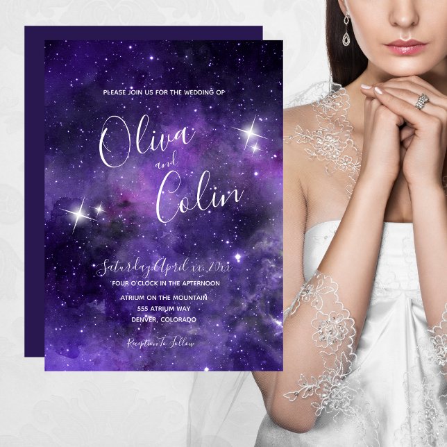 Invitación Boda púrpura de Night Sky Starlight (Star Light Purple White Wedding Invitation)