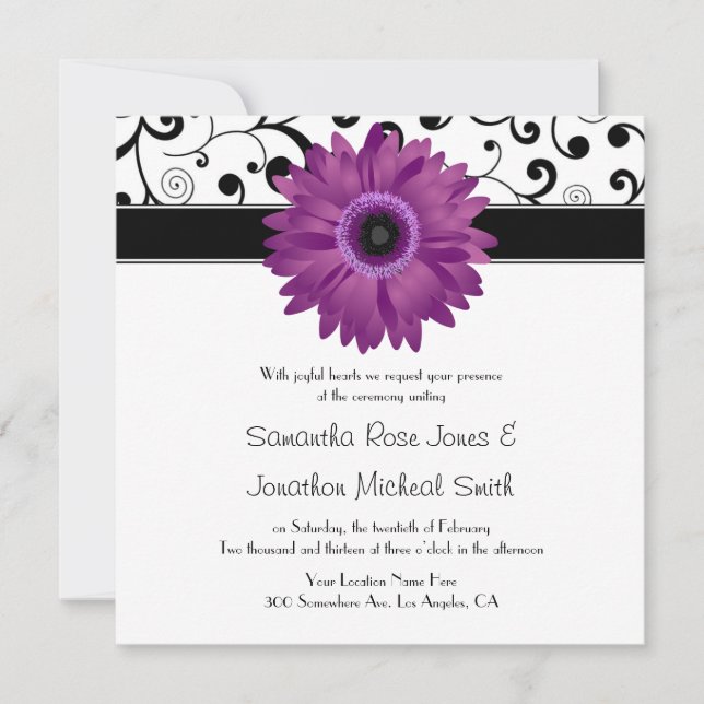 Invitación Boda púrpura del diseño de la voluta del negro de (Anverso)