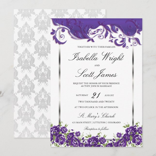 Invitación Boda púrpura del diseño floral del ciruelo (Anverso / Reverso)
