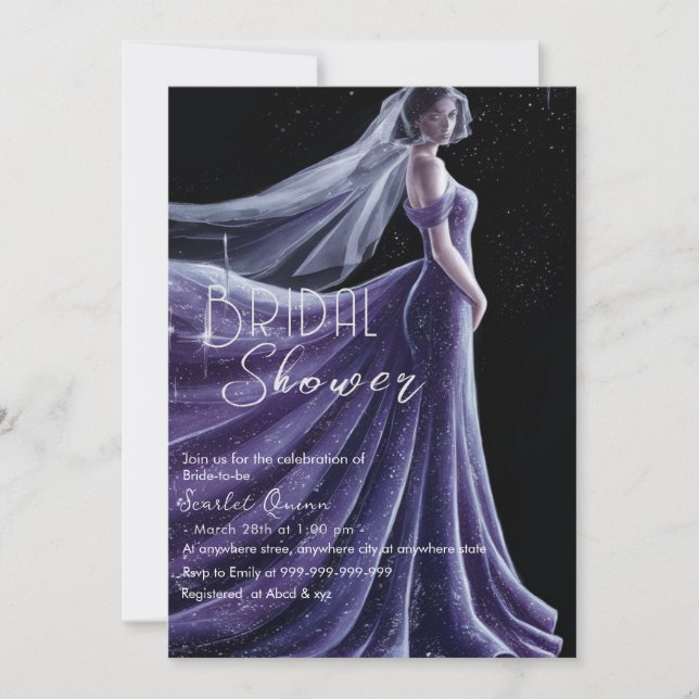 Invitación boda púrpura gata ducha de novia (Anverso)
