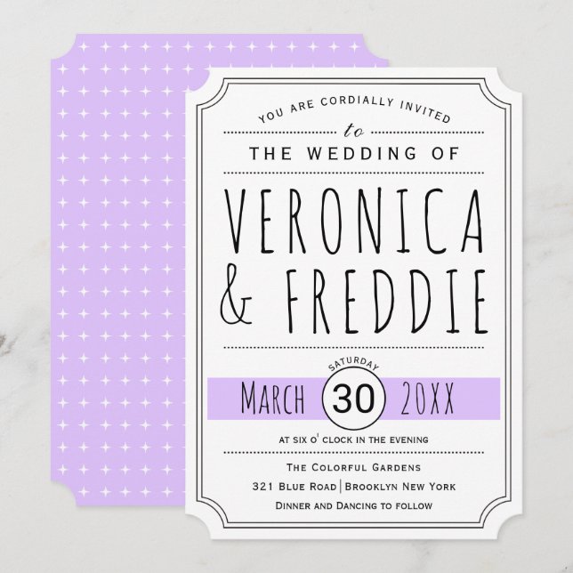 Invitación Boda púrpura moderado de la tipografía (Anverso / Reverso)