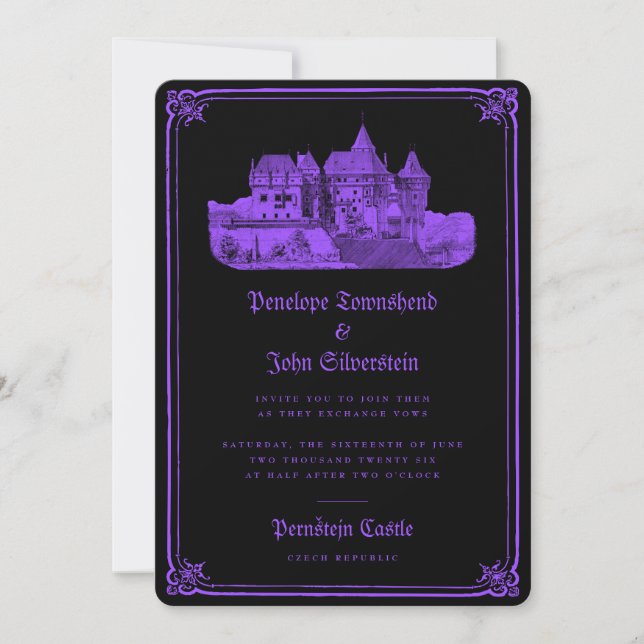 Invitación Boda púrpura negro del Castillo Gótico (Anverso)