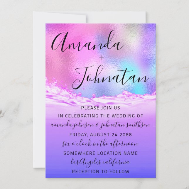 Invitación Boda Púrpura Océano Olas Rosa Playa Océana (Anverso)