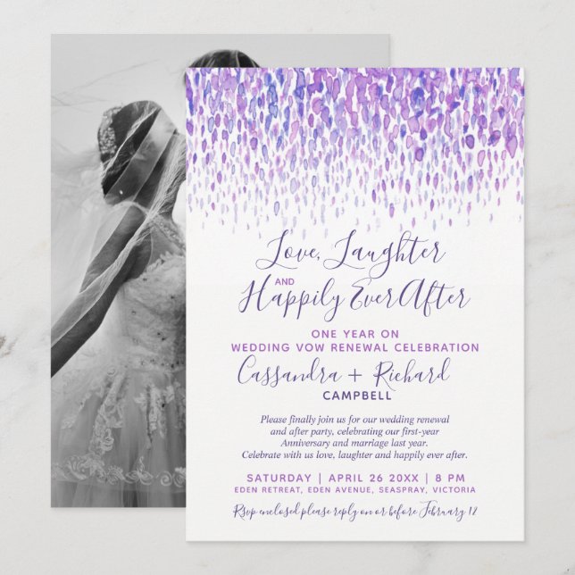Invitación Boda púrpura promete renovación 1 año después feli (Anverso / Reverso)