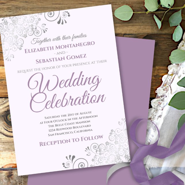 Invitación Boda Púrpura Sencillo Filigree Elegante Plateado (Subido por el creador)