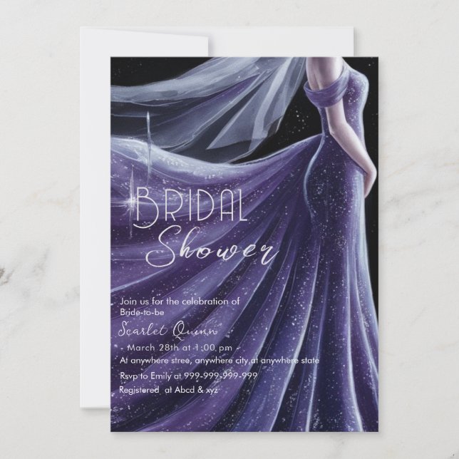 Invitación boda púrpura vestido ducha de novia #2 (Anverso)