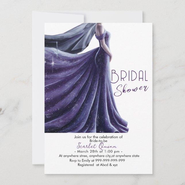 Invitación boda púrpura vestido ducha de novia #4 (Anverso)