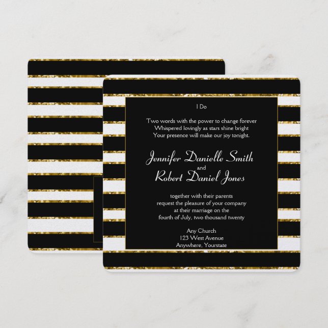 Invitación Boda Purpurina blanco y dorado negro (Anverso / Reverso)