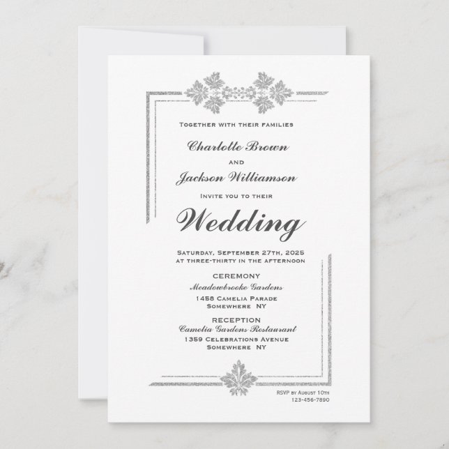 Invitación Boda Purpurina blanco y plateado moderno (Anverso)