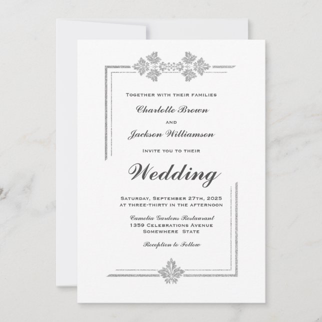 Invitación Boda Purpurina blanco y plateado moderno (Anverso)