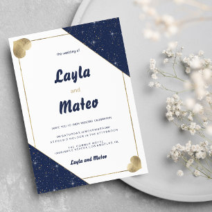 Invitación Boda purpurina brillante de corazón dorado azul ma