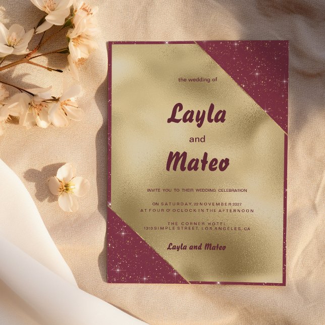 Invitación Boda purpurina burdeos brillante de corazón dorado (Gold heart sparkle burgundy glitter Wedding)