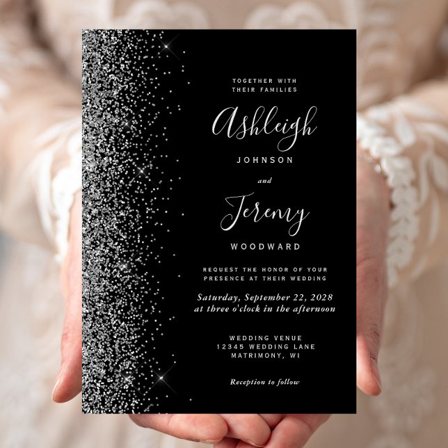 Invitación Boda Purpurina de Black Silver Faux moderno (Subido por el creador)