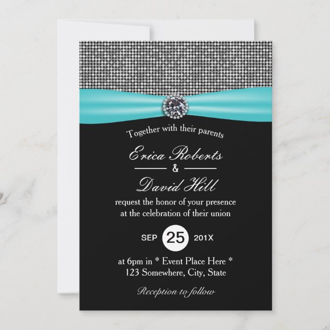 Invitación Boda Purpurina de Cinta Turquesa Moderna (Anverso)