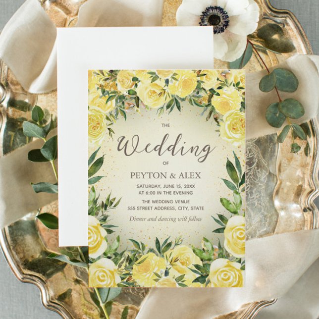 Invitación Boda Purpurina de color amarillo Floral Gold (Subido por el creador)