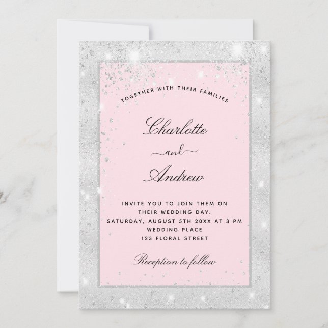 Invitación Boda purpurina de color plateado polvo elegante (Anverso)
