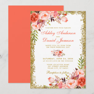 Invitación Boda Purpurina de Coral Floral Gold