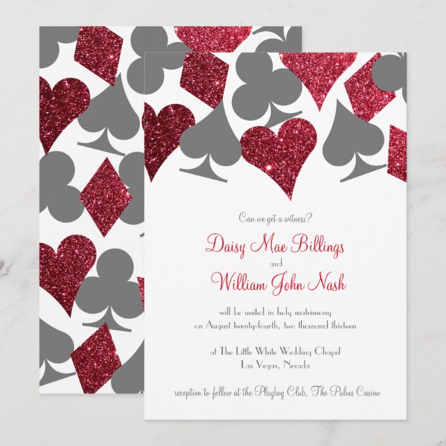 Invitación Boda Purpurina de Destiny Vegas rojo y gris falso (Anverso / Reverso)