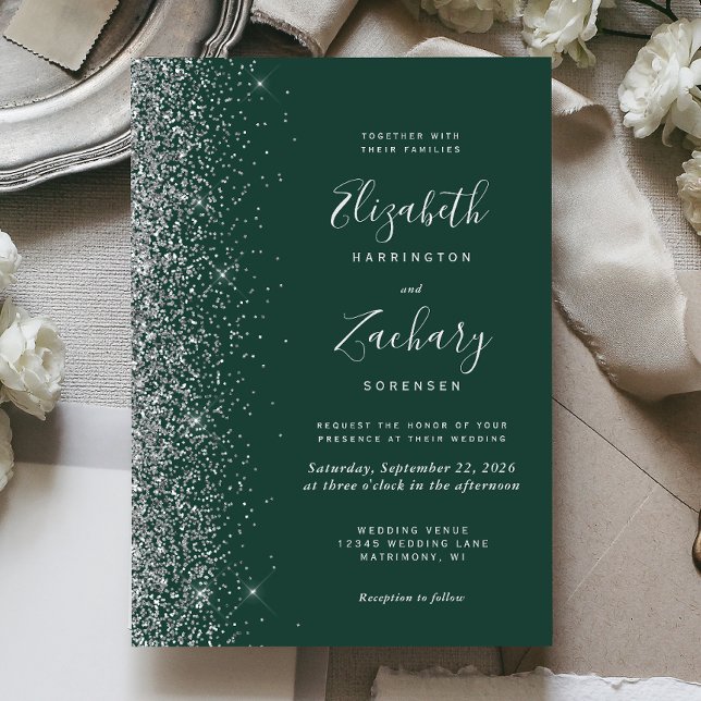 Invitación Boda Purpurina de Faux de Plata verde esmeralda mo (Subido por el creador)