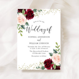 Invitación Boda Purpurina de Flores de Borgoña y Rubor