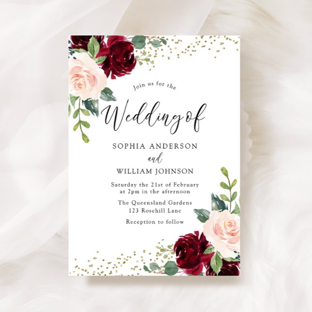 Invitación Boda Purpurina de Flores de Borgoña y Rubor (Subido por el creador)