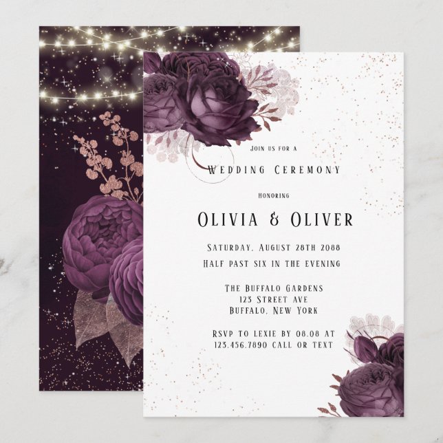 Invitación Boda Purpurina de Luces Peony de Oro Púrpura y Ros (Anverso / Reverso)