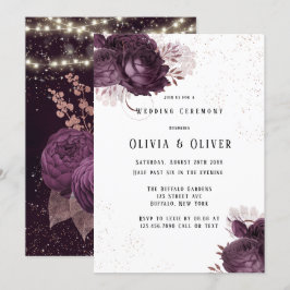 Invitación Boda Purpurina de Luces Peony de Oro Púrpura y Ros